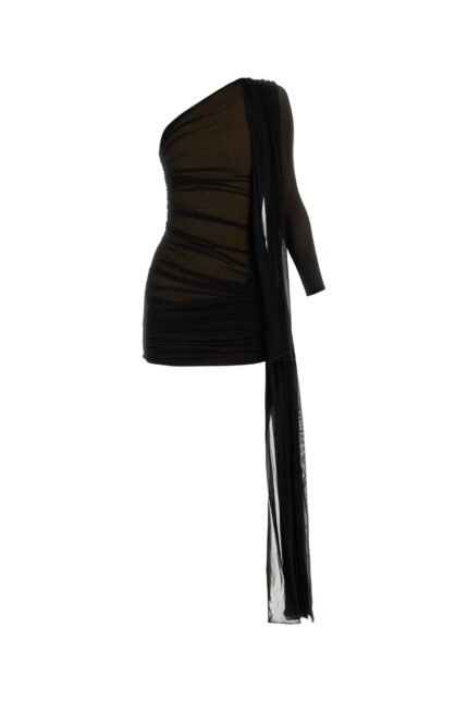 Black viscose blend one-shoulder dress