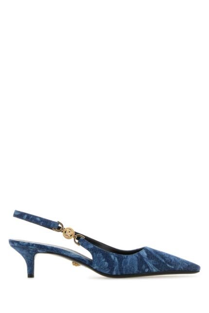 Embroidered denim pumps
