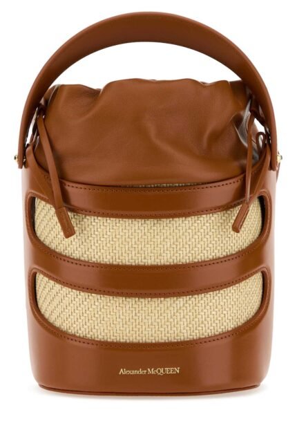 Two-tone leather and raffia The Rise bucket bag