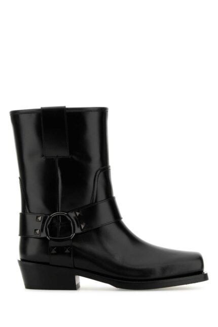 Black leather Biker Rockstud ankle boots