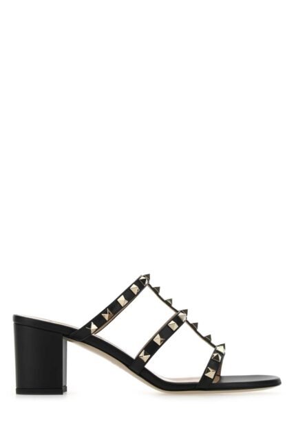 Black leather Rockstud mules