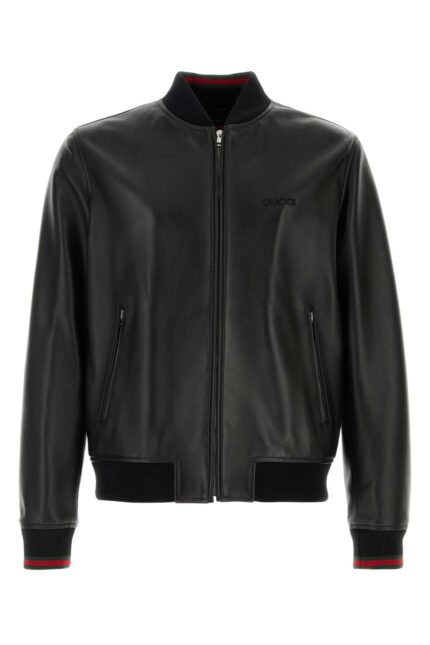 Black leather bomber jacket