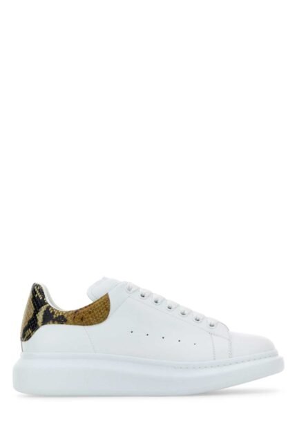 White leather sneakers with printed leather heel